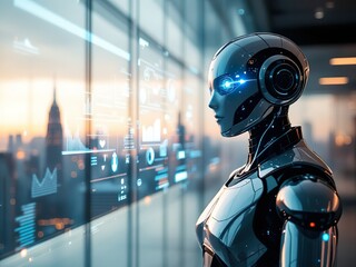 Futuristic Robot Assistant in Modern Office with Holographic Display