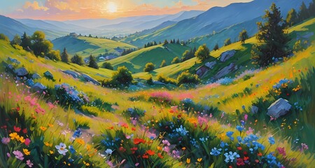 A sunlit field of wildflowers with blooming blooms. set against the silhouette of mountains. bathed in warm orange and yellow hues.