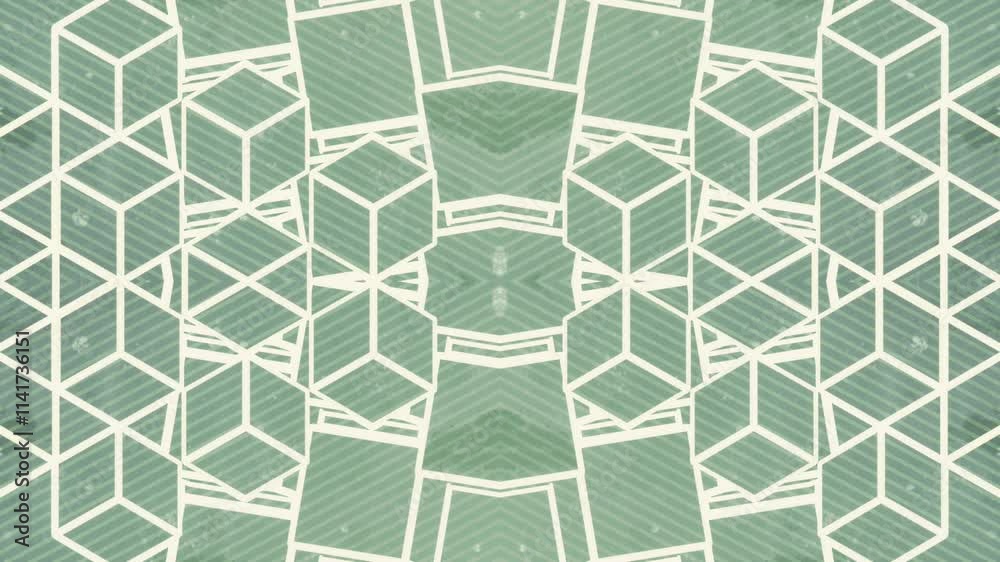 Aufkleber Abstract loop animation in which lines of white cubes move and fold into complex three-dimensional figures. The background is made of light green colors. 3d rendering 4K