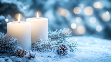 Winter holiday table setting with candles, pine branches, and sparkling snow 