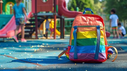 A rainbow-colored backpack on a playground background with kids playing and a mockup