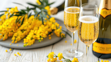 Close-up of two glasses of sparkling champagne paired with bright yellow mimosa flowers on a white wooden table, creating a festive and vibrant scene.

