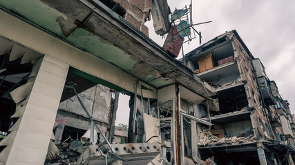 destroyed and burned houses in the city in Ukraine