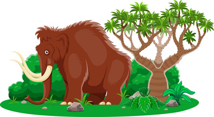 Obraz premium Paleontology mammoth animal cute character. Extinct animal, Ice age herbivore mammal funny isolated personage or ancient fauna giant cartoon vector character. Mammoth in forest comical mascot