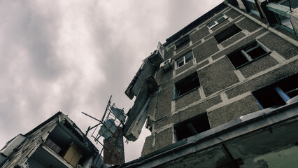 destroyed and burned houses in the city in Ukraine