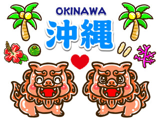 沖縄名物とシーサーの落書き風アイコンイラスト素材