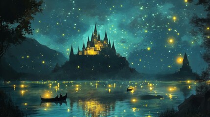 Fototapeta premium Enchanting castle on a lake at night, illuminated by floating lights and stars.