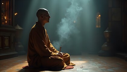 A monk in a simple robe sits cross-legged in a dimly lit temple, meditating with closed eyes. Incense smoke drifts in the air, creating a peaceful, spiritual atmosphere with a warm golden-orange glow