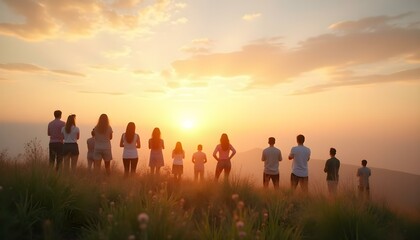 A serene group of people standing on a lush grassy hill, gazing at a breathtaking sunset with vibrant sky colors. Perfect for concepts of nature, peace, and togetherness in stunning outdoor scenery.