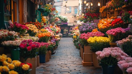 Naklejka premium Colorful flowers line a brick alleyway.