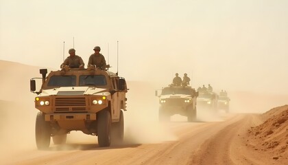 A military convoy of armored vehicles moving across a dusty desert landscape, with soldiers on patrol. The harsh terrain and wide open spaces highlight the challenges of military operations.