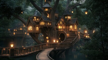 Enchanting treetop houses with bridges and lanterns in a mystical forest at night.