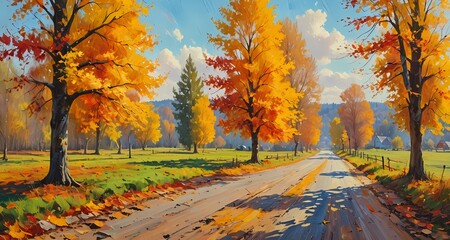 Fototapeta premium A dirt road through a forest. autumn leaves on the ground. beautiful sky in the background.