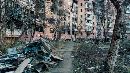 destroyed and burned houses in the city in Ukraine