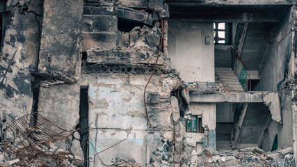 destroyed and burned houses in the city in Ukraine