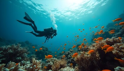 A diver swimming among fish, taking photos of underwater plants and animals, surrounded by vibrant marine life in clear blue water.
