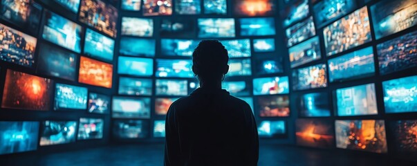 Person silhouetted against a wall of screens, representing media saturation and news overload, bright glowing digital screens, chaotic information flow, modern technology influence