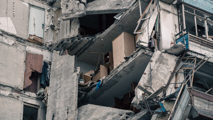 destroyed and burned houses in the city in Ukraine