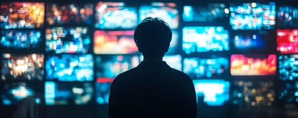 Person silhouetted against a wall of glowing digital screens, symbolizing the overwhelming flow of media news, bright screen flashes, techdriven anxiety, modern media environment