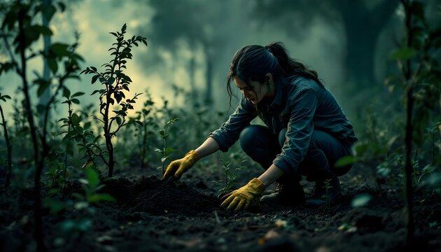 A woman planting young trees in a forest, carefully digging holes and placing the saplings into the soil, surrounded by greenery and natural light.