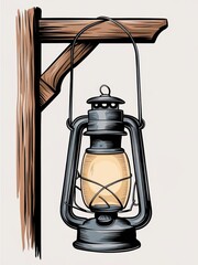 Antique Oil Lantern Hanging From Wooden Bracket