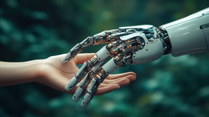 In a tranquil green landscape, a human hand reaches out to meet a sleek robotic hand, symbolizing the harmony between nature and advanced technology. This interaction invites contemplation