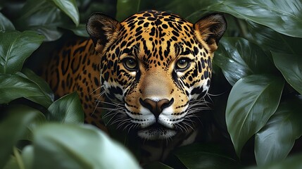 A jaguar is looking at the camera in a jungle