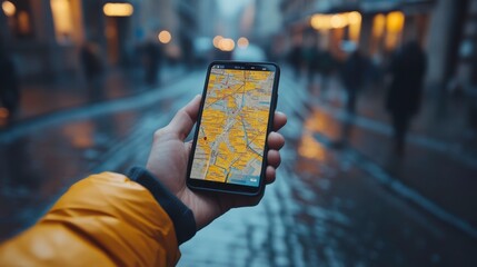 A person holding a smartphone displaying a map on a bustling city street.