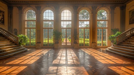 A grand interior with large windows and elegant staircase, filled with natural light.