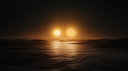 Two suns illuminating a tranquil sea during a celestial event in a distant world at twilight