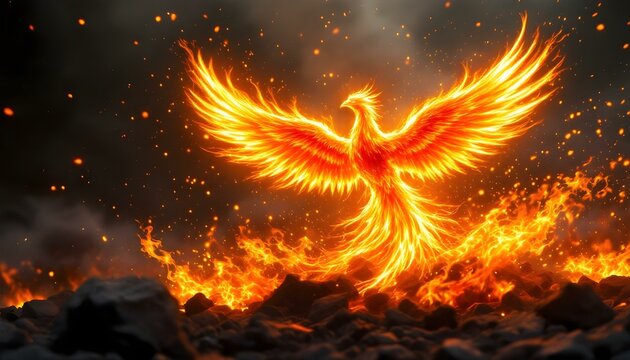 A majestic phoenix bursting into flames, then re-emerging as a glowing bird of fire, surrounded by swirling embers and ash, symbolizing rebirth and renewal.
