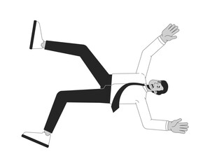 Indian man employee slip and fall office black and white 2D line character. South asian corporate guy falling down. Accident stumble isolated vector outline person. Monochromatic spot illustration