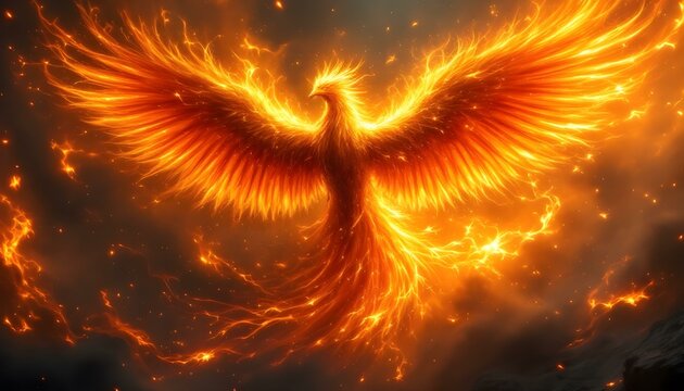 A majestic phoenix bursting into flames, then re-emerging as a glowing bird of fire, surrounded by swirling embers and ash, symbolizing rebirth and renewal.