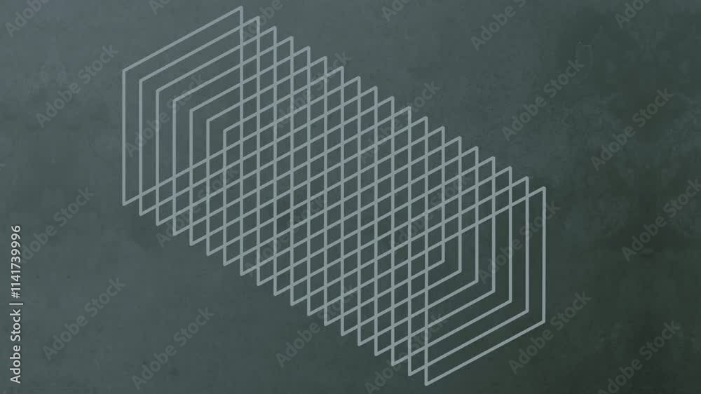 Poster Digital seamless loop animation of outlines of white rectangles assembled into a complex geometric pattern on a dark gray scratched background. Optical illusion. Isometric composition. 3d rendering 4K