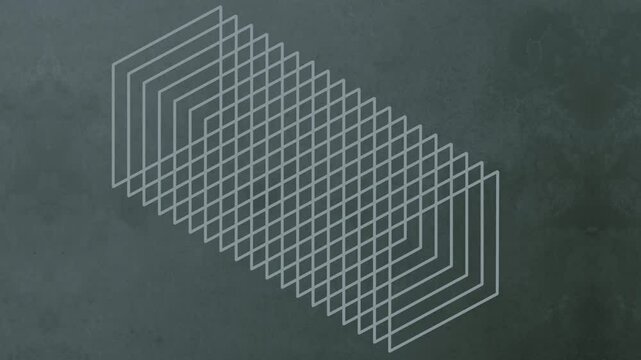 Digital seamless loop animation of outlines of white rectangles assembled into a complex geometric pattern on a dark gray scratched background. Optical illusion. Isometric composition. 3d rendering 4K