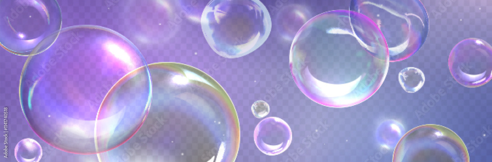 Wall mural floating transparent spheres with prismatic reflections. multiple soap bubbles with iridescent color