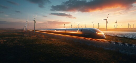 Fototapeta premium A futuristic train travels through a landscape with wind turbines at sunset.