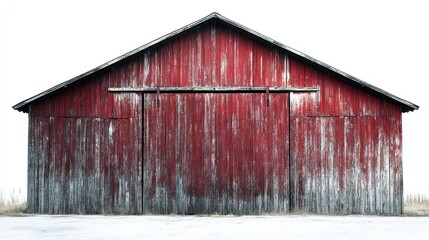 Naklejka premium A weathered red barn with a rustic appearance against a light background.