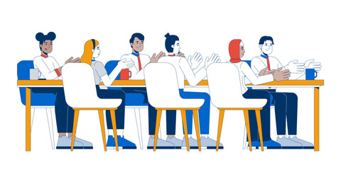 Multicultural colleagues clapping applauding at table 2D cartoon characters. Teamwork meeting. Applause business adults isolated people flat vector on white background. Spot illustration colorful