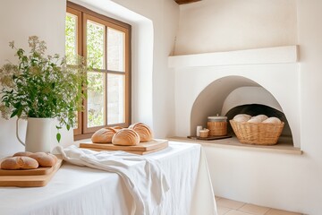 Traditional Kitchen with Freshly Baked Bread on Wooden Table. Rustic White Oven and Bread Baskets in Cozy, Sunlit Interior. Warm and Peaceful Atmosphere. AI generated