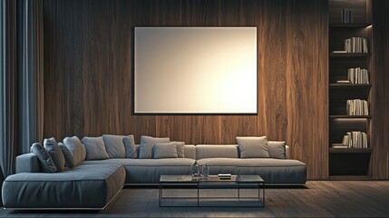  A modern living room with a blank poster on a dark walnut wood wall. The room has a sleek, gray sectional sofa, a glass coffee table, and a minimalist bookshelf. 