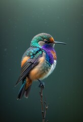 A brilliantly colored hummingbird rests on a slender branch against a muted green background. Tiny particles drift in the air. The birds iridescent plumage is striking