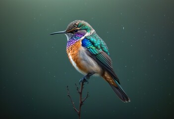 Fototapeta premium A brilliantly colored hummingbird rests on a slender branch against a muted green background. Tiny particles drift in the air. The birds iridescent plumage is striking