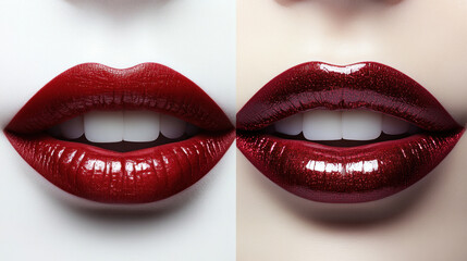 Obraz premium Close up: Vibrant red lips with glossy lipstick, subtly framed against a soft-focus background.