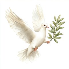 Fototapeta premium White Dove with Olive Branch Watercolor Illustration