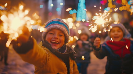 Children Playing with Sparklers During Festive New Year’s Eve Celebration