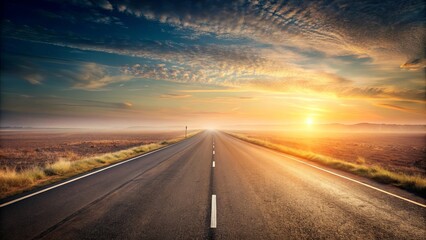 Asphalt road stretching towards a vibrant sunrise over a flat, grassy plain
