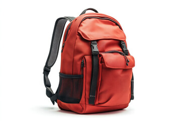 Fototapeta premium Red backpack with black straps and a black strap hanging off a wooden bench in a serene park setting.