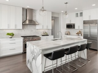 sleek modern kitchen with white cabinets, marble countertops, and stainless steel appliances