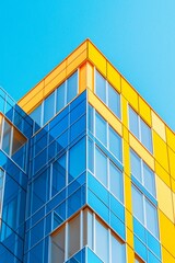 A blue and yellow glass building with geometric cubes, bold color blocks in minimalist design